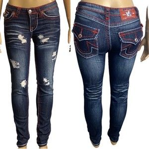 Y2K True religion Jeans Urban Cow Bill Big T Distress Skinny green Blue Size 28